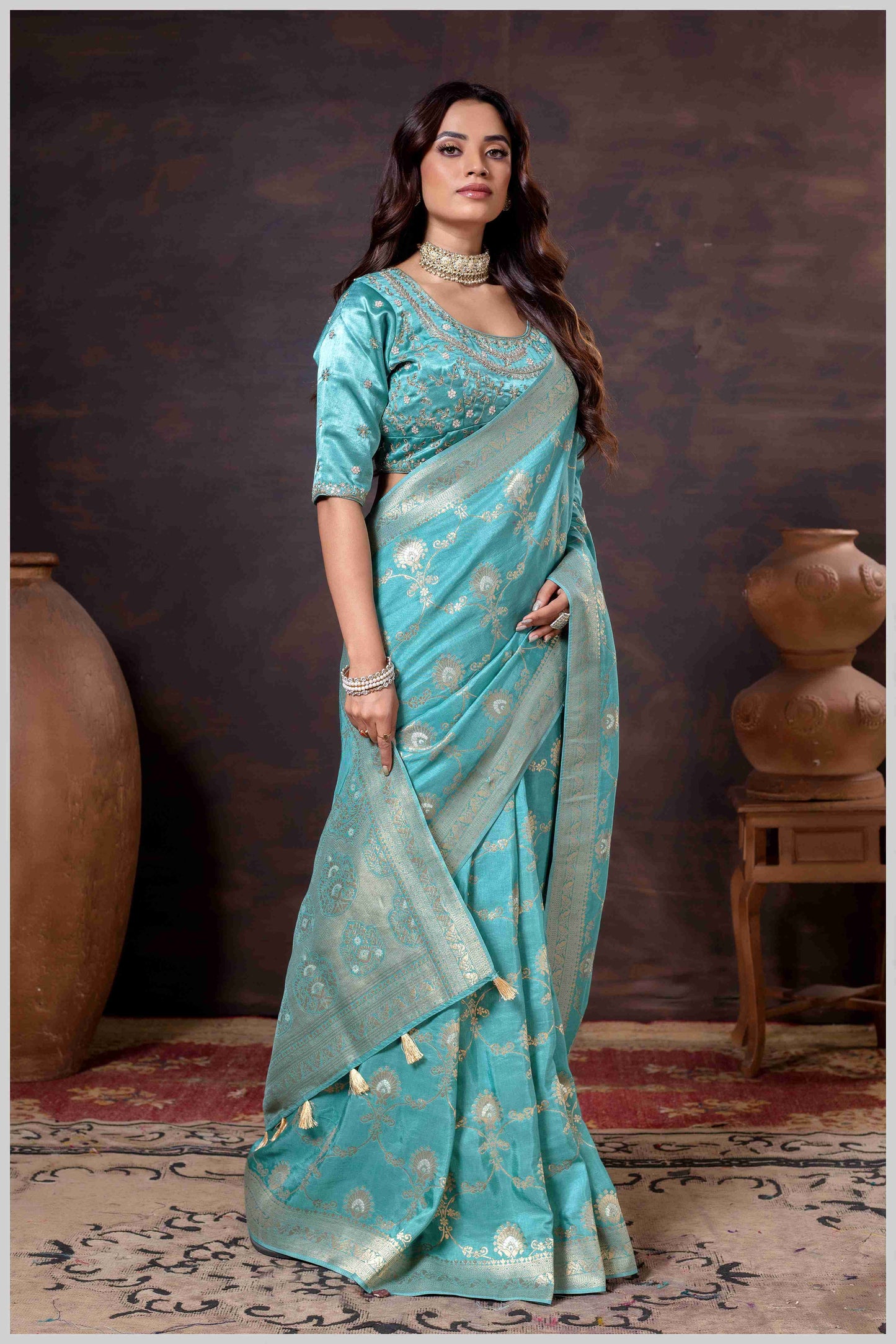 Graceful Aqua Blue Banarasi Silk Saree with Zari Accents & Embroidered Blouse