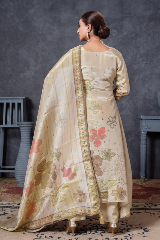 Champagne Gold Floral Embroidered Kurta Set with Printed Dupatta