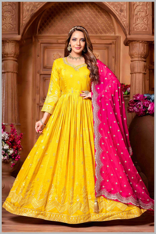 Mustard Anarkali with Contrasting Rani Pink Dupatta