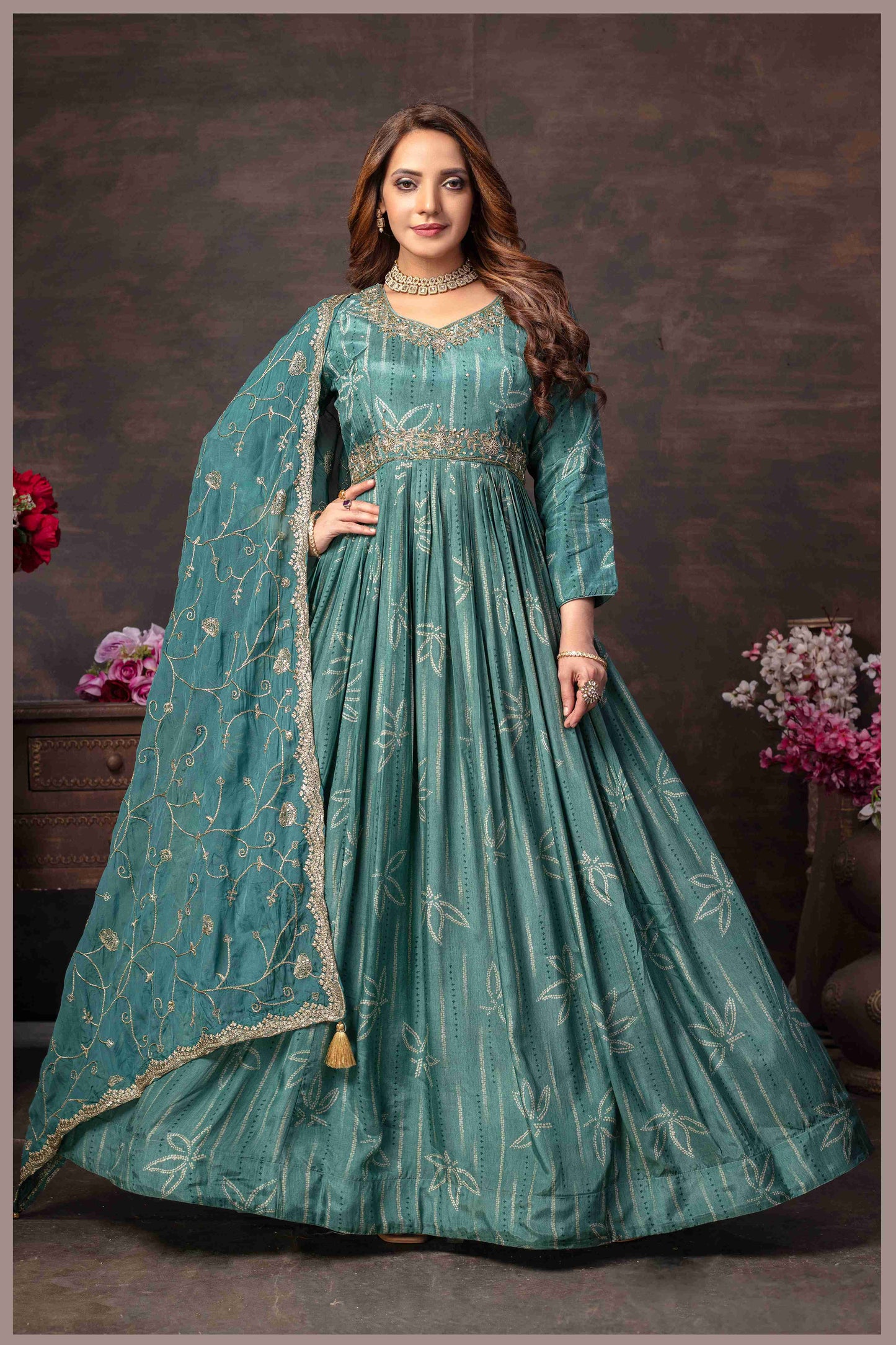 Dusty Blue Muslin Printed Anarkali Gown with Embroidered Net Dupatta