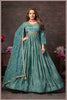 Dusty Blue Muslin Printed Anarkali Gown with Embroidered Net Dupatta