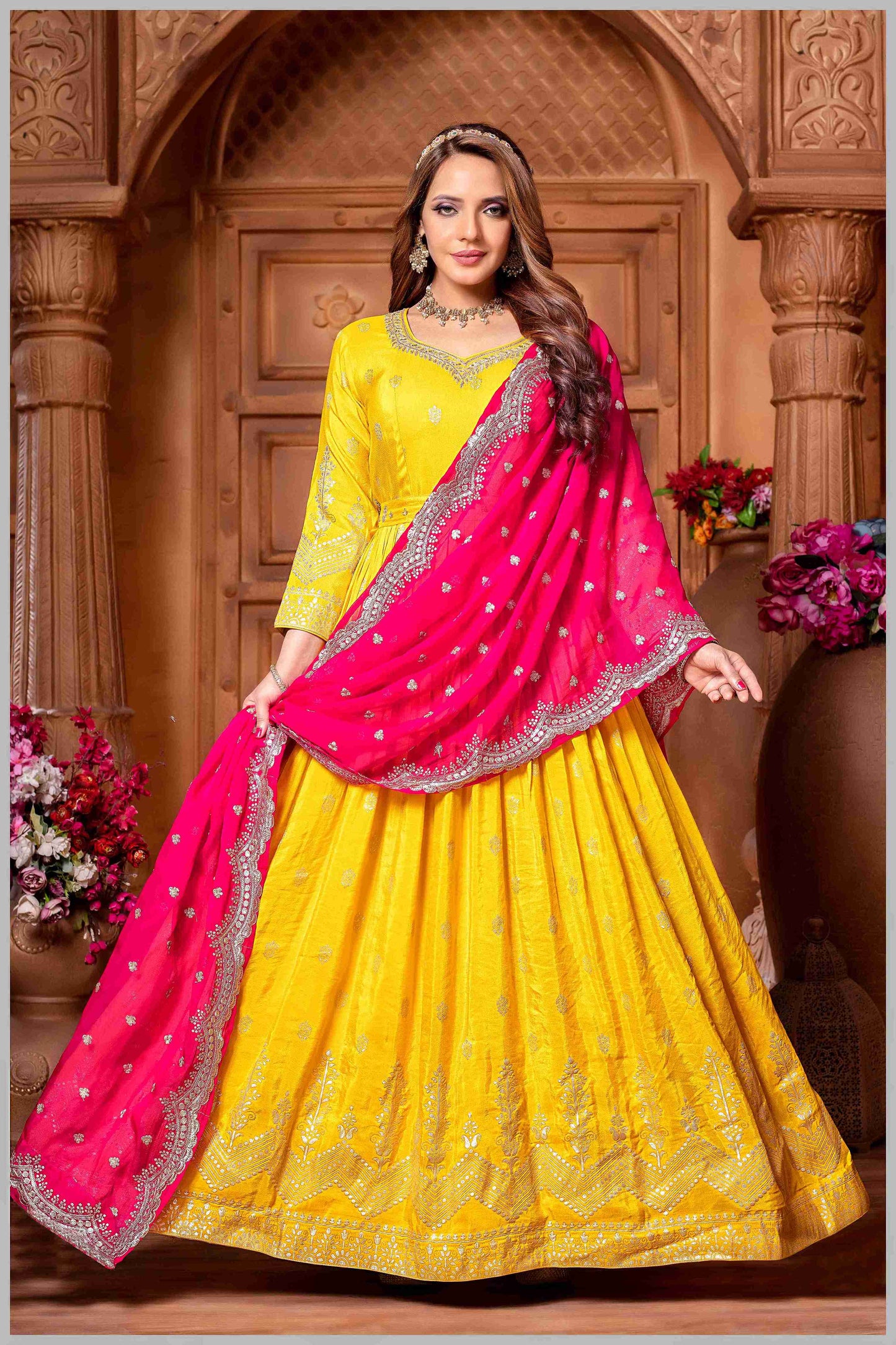 Mustard Anarkali with Contrasting Rani Pink Dupatta