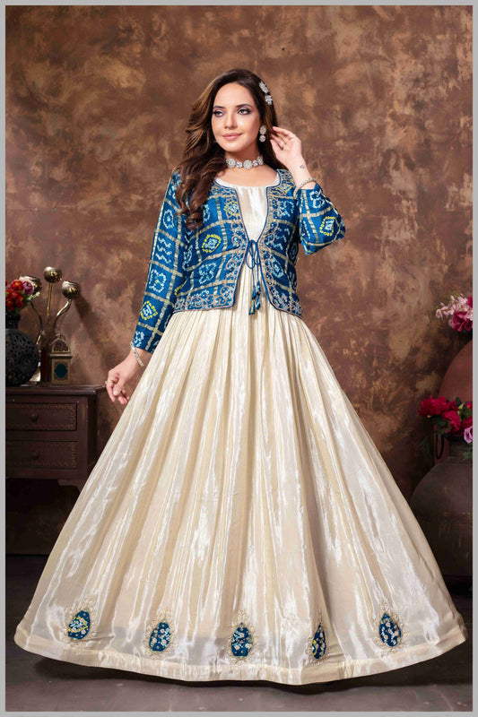Cream Tissue Anarkali with Blue Gajji Jacket