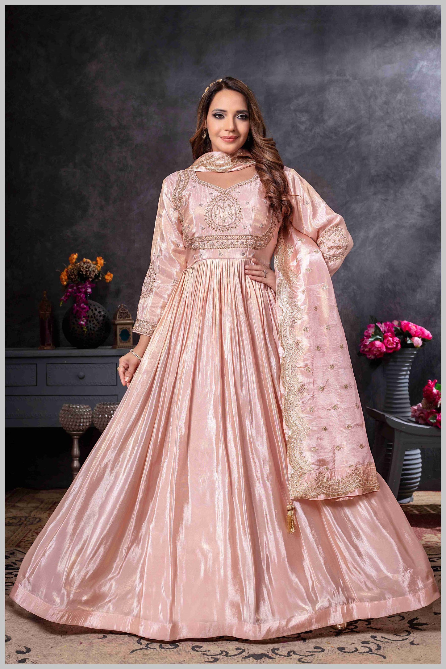 Baby Pink Gown with Zari and Dupatta