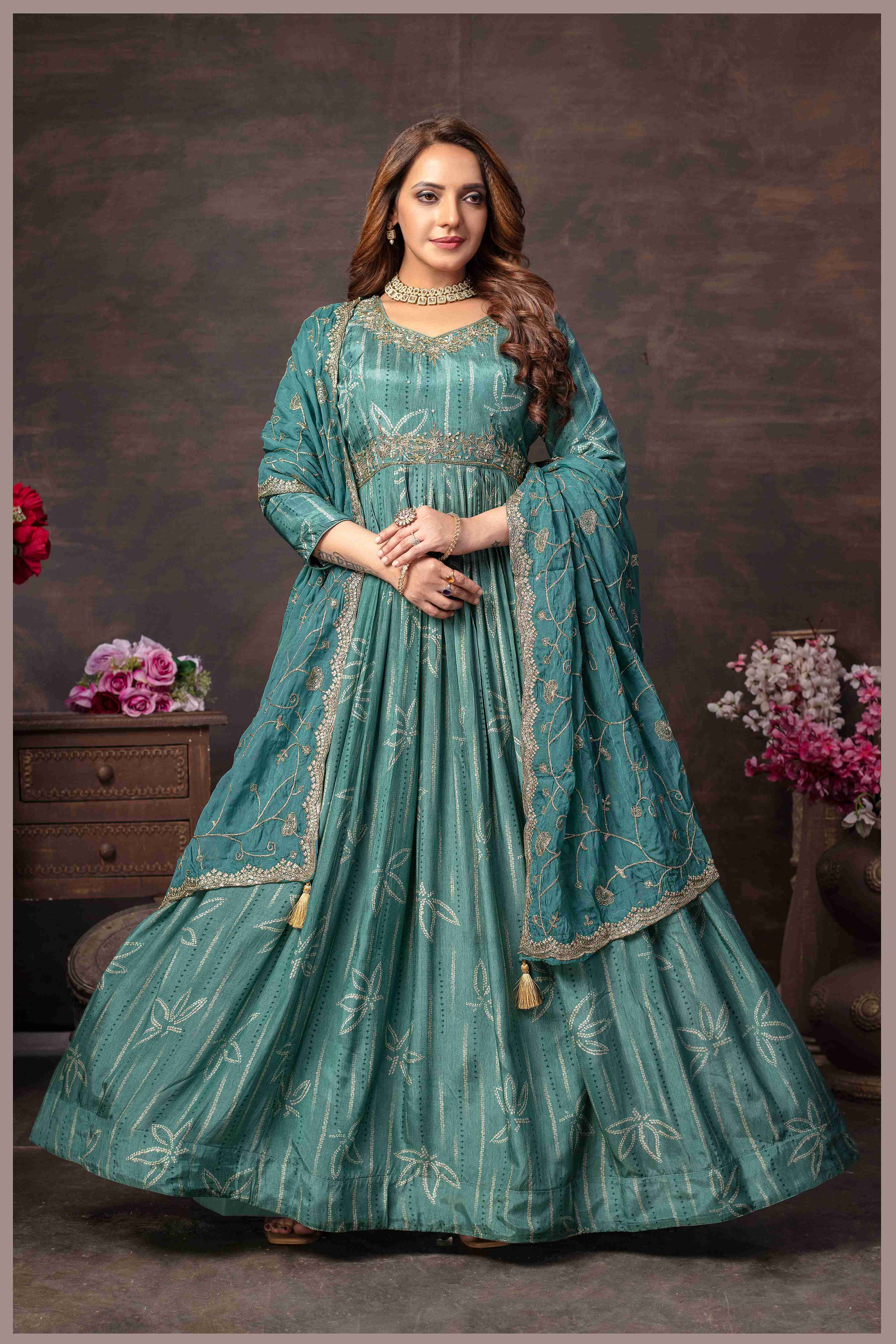 Dusty Blue Muslin Printed Anarkali Gown with Embroidered Net Dupatta