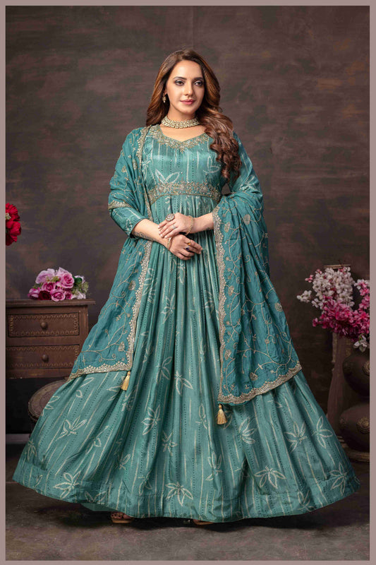 Dusty Blue Muslin Printed Anarkali Gown with Embroidered Net Dupatta