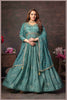 Dusty Blue Muslin Printed Anarkali Gown with Embroidered Net Dupatta