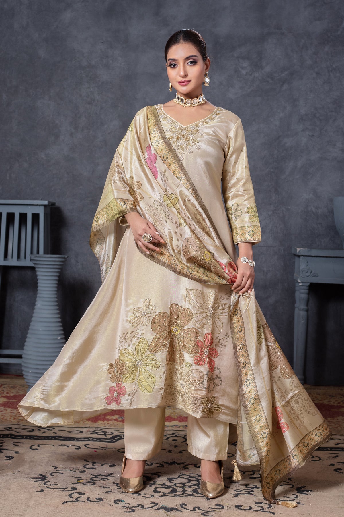 Champagne Gold Floral Embroidered Kurta Set with Printed Dupatta