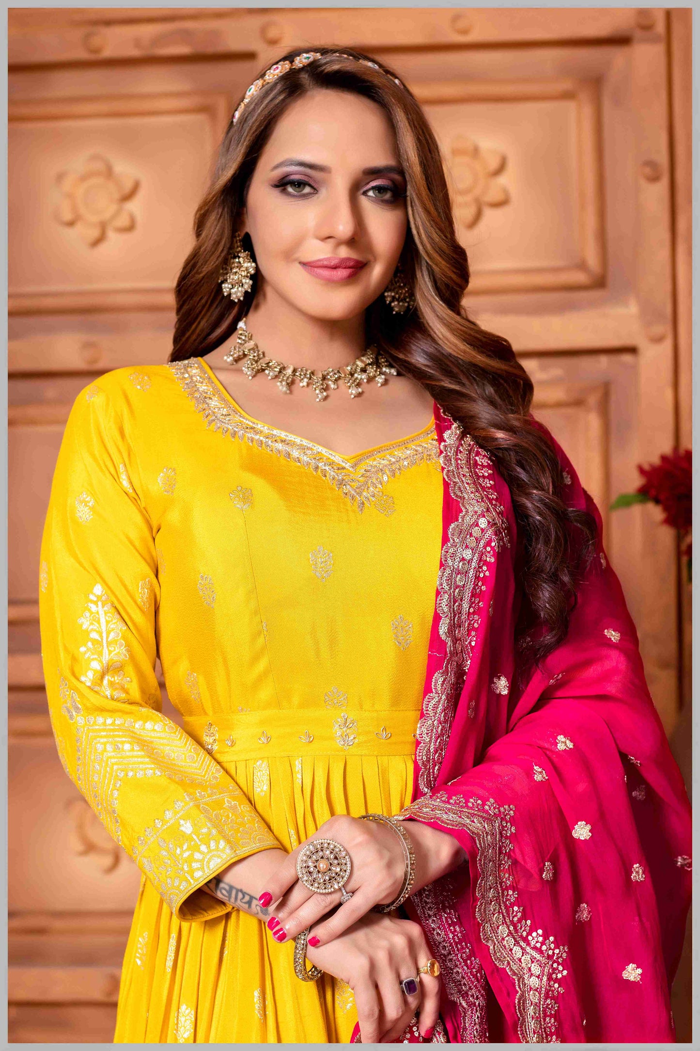 Mustard Anarkali with Contrasting Rani Pink Dupatta