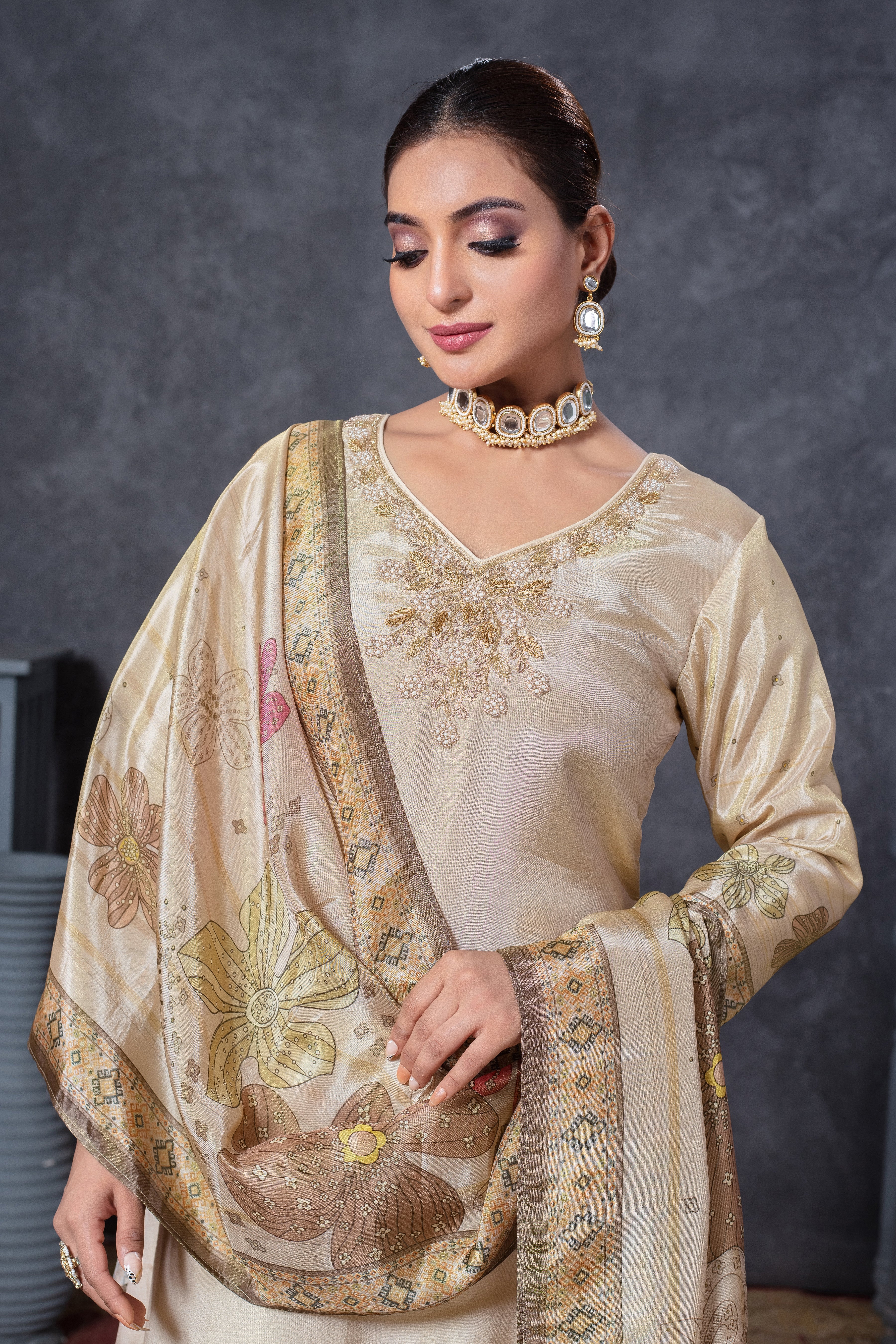 Champagne Gold Floral Embroidered Kurta Set with Printed Dupatta
