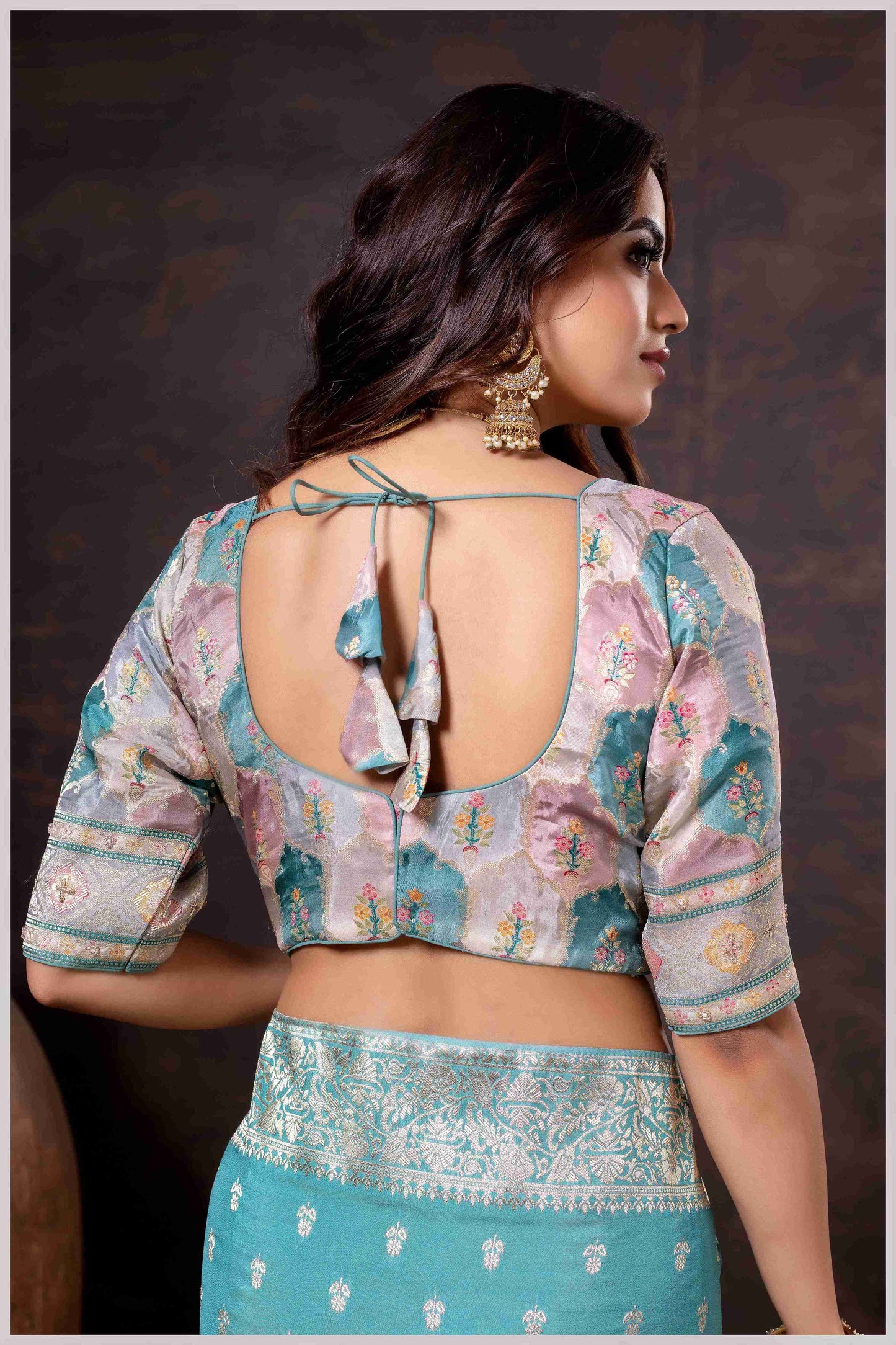 Ethereal Aqua Blue Crepe Silk Saree with Brocade Blouse & Zari Detailing