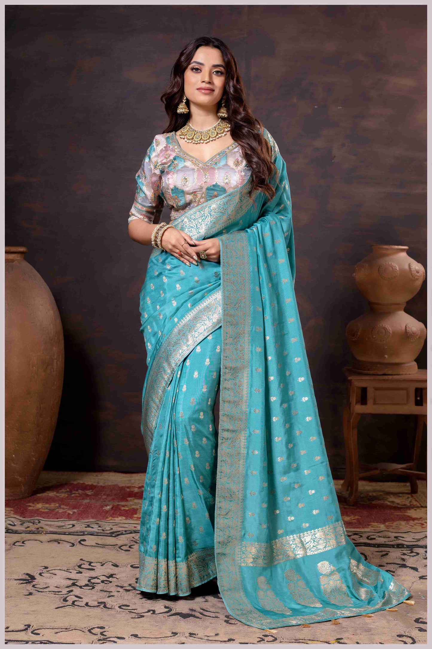 Ethereal Aqua Blue Crepe Silk Saree with Brocade Blouse & Zari Detailing