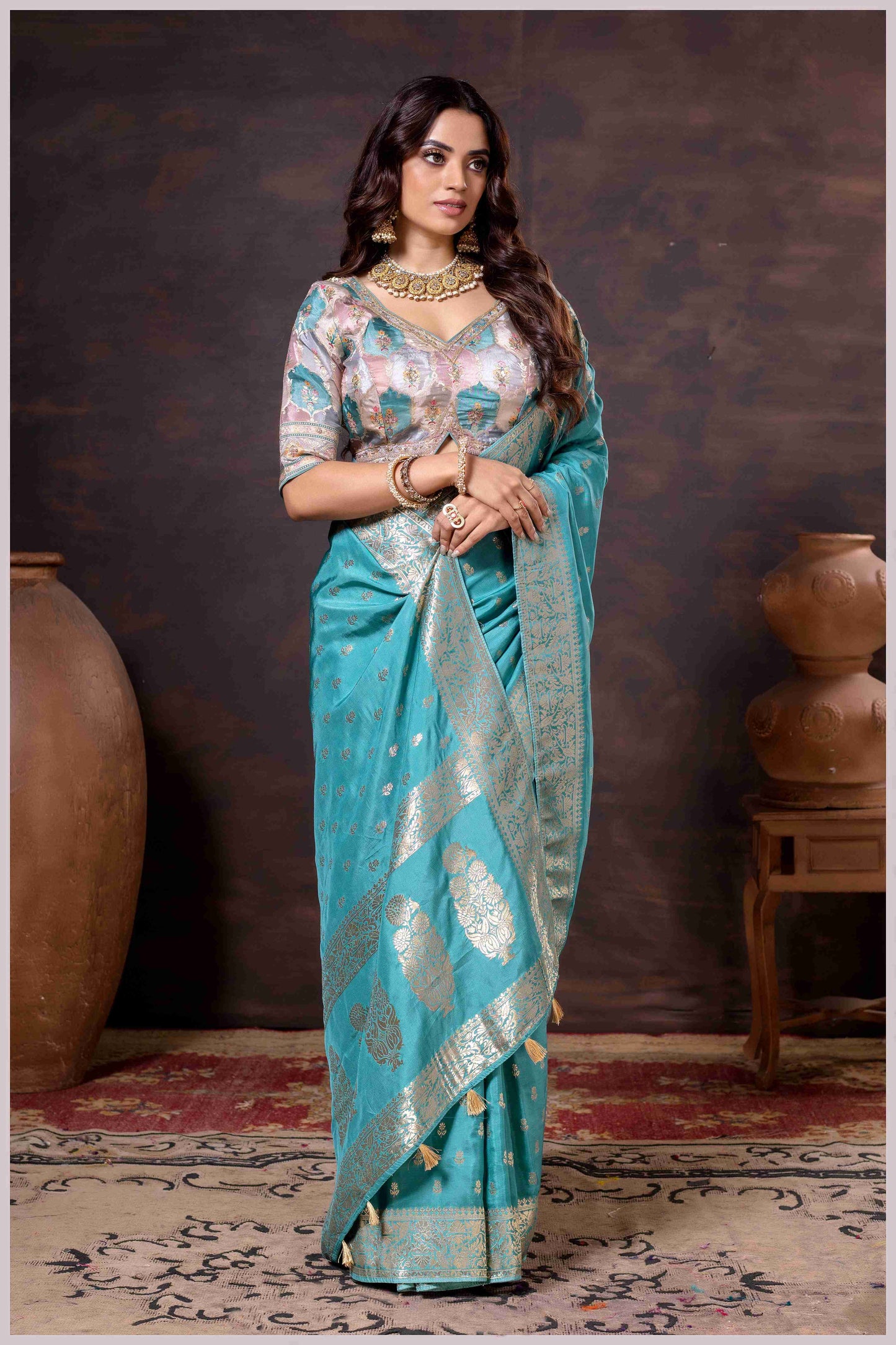 Ethereal Aqua Blue Crepe Silk Saree with Brocade Blouse & Zari Detailing