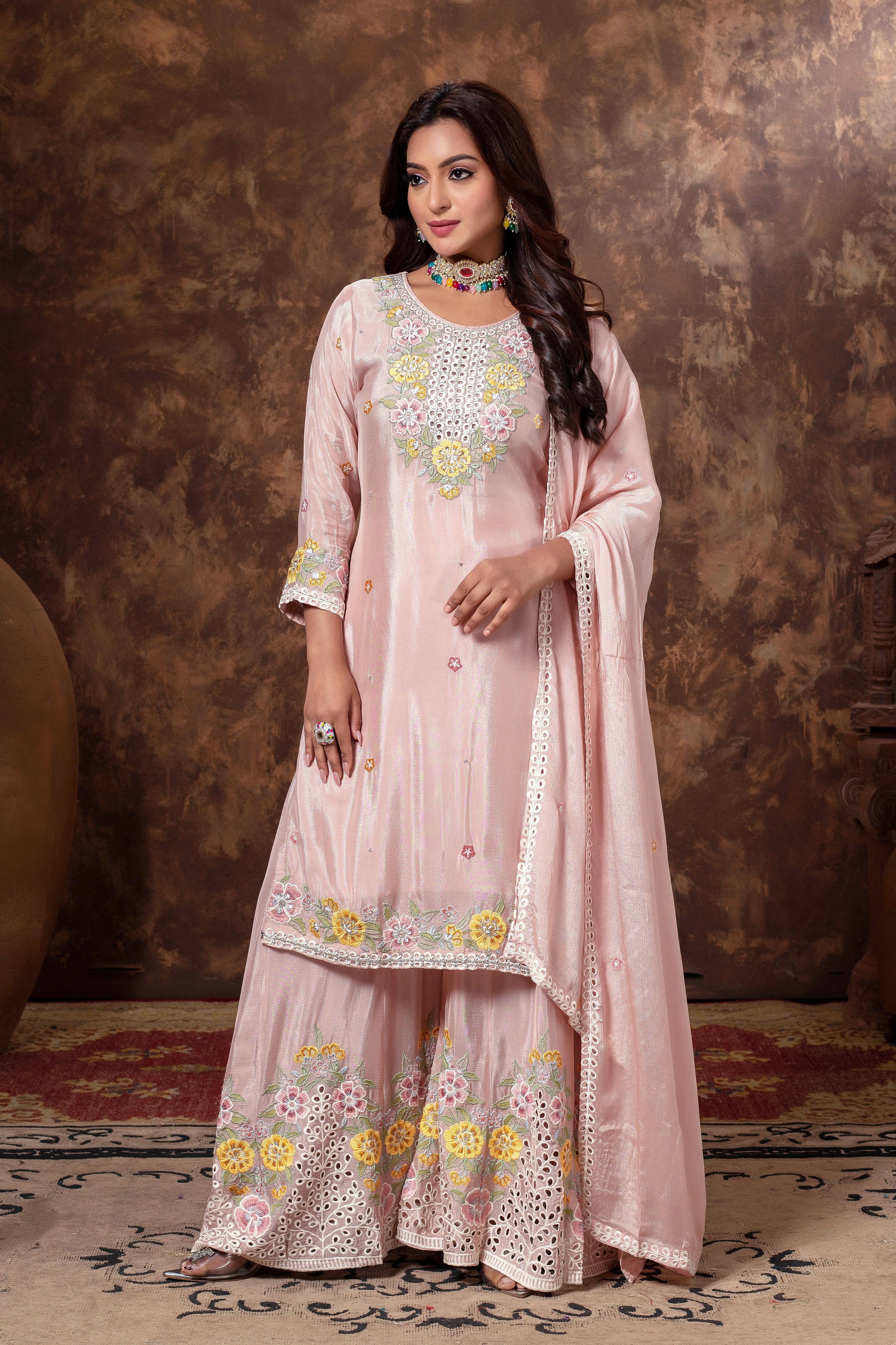 Floral Embroidered Kurta Sharara Set with Dupatta