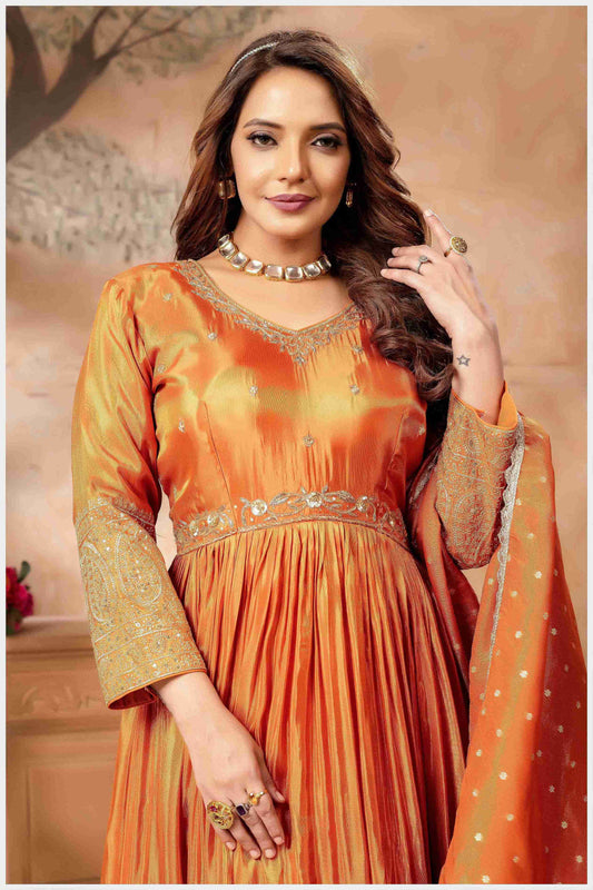 Rust Silk Anarkali Gown with Intricate Embroidery