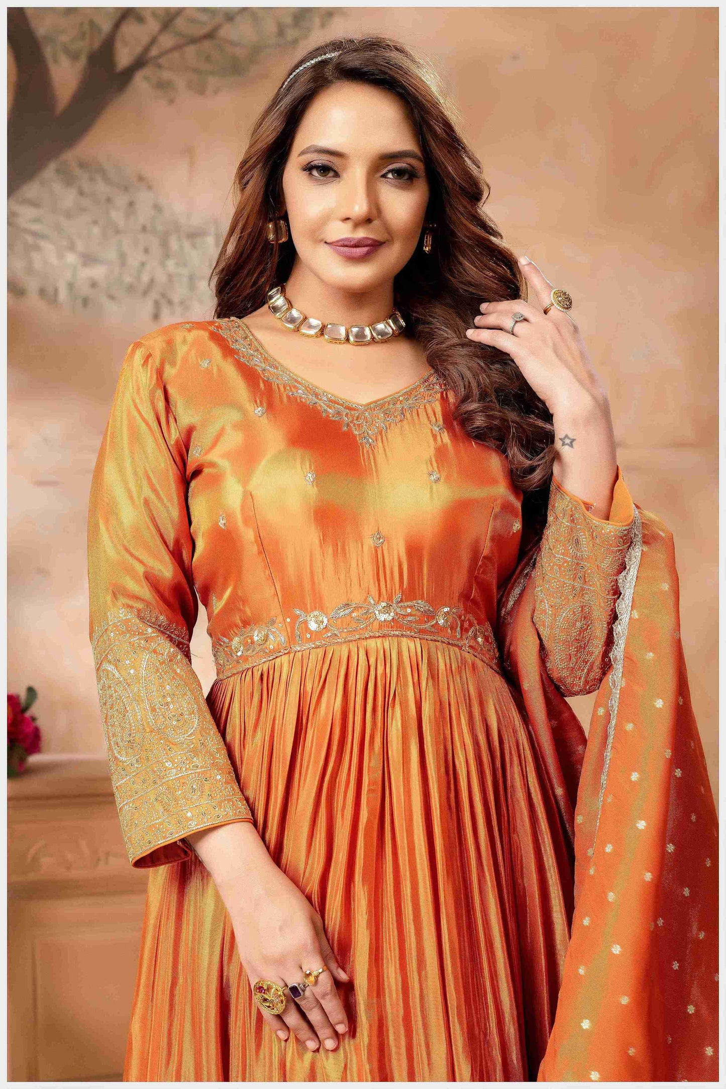 Rust Silk Anarkali Gown with Intricate Embroidery