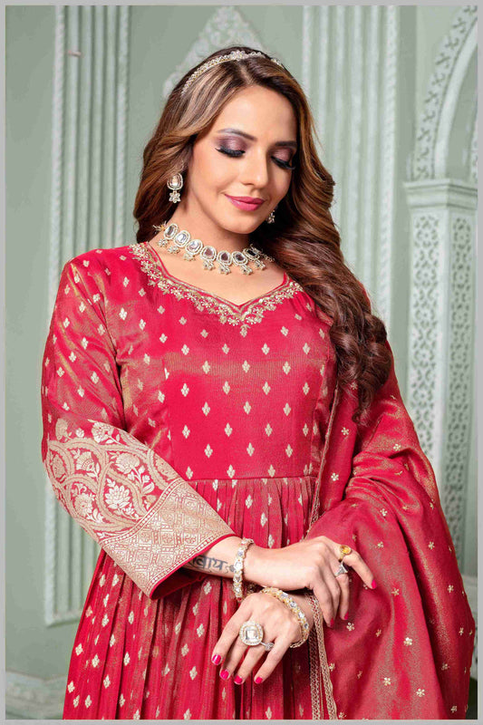 Radiate Grace in This Timeless Red Tissue Silk Anarkali Gown