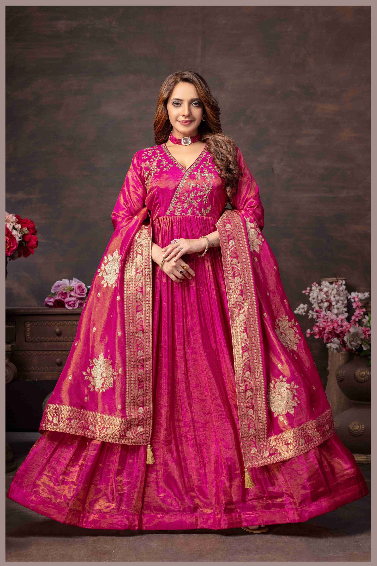 Rani Pink Tissue Silk Anarkali Gown with Banarasi Dupatta
