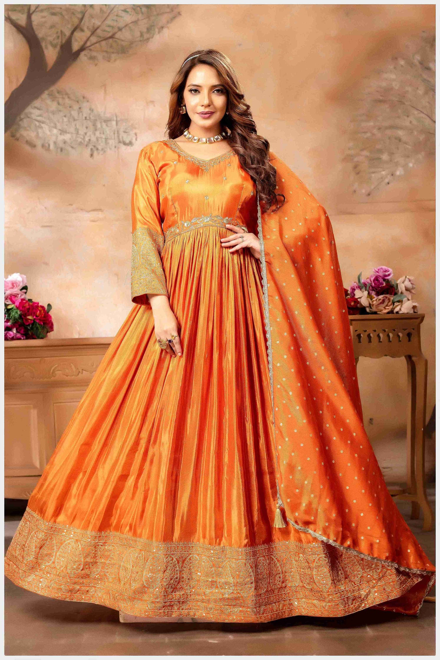 Rust Silk Anarkali Gown with Intricate Embroidery