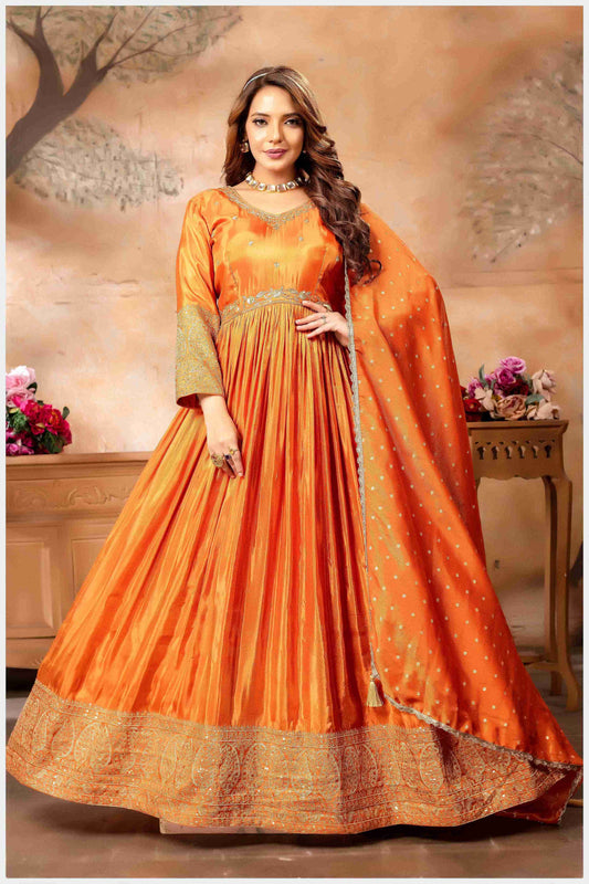 Rust Silk Anarkali Gown with Intricate Embroidery