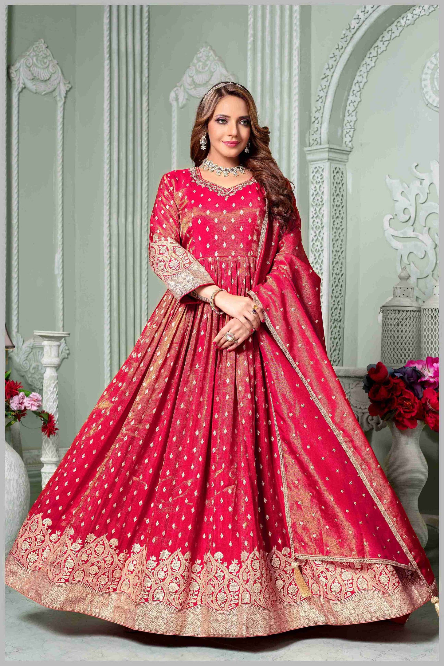 Radiate Grace in This Timeless Red Tissue Silk Anarkali Gown