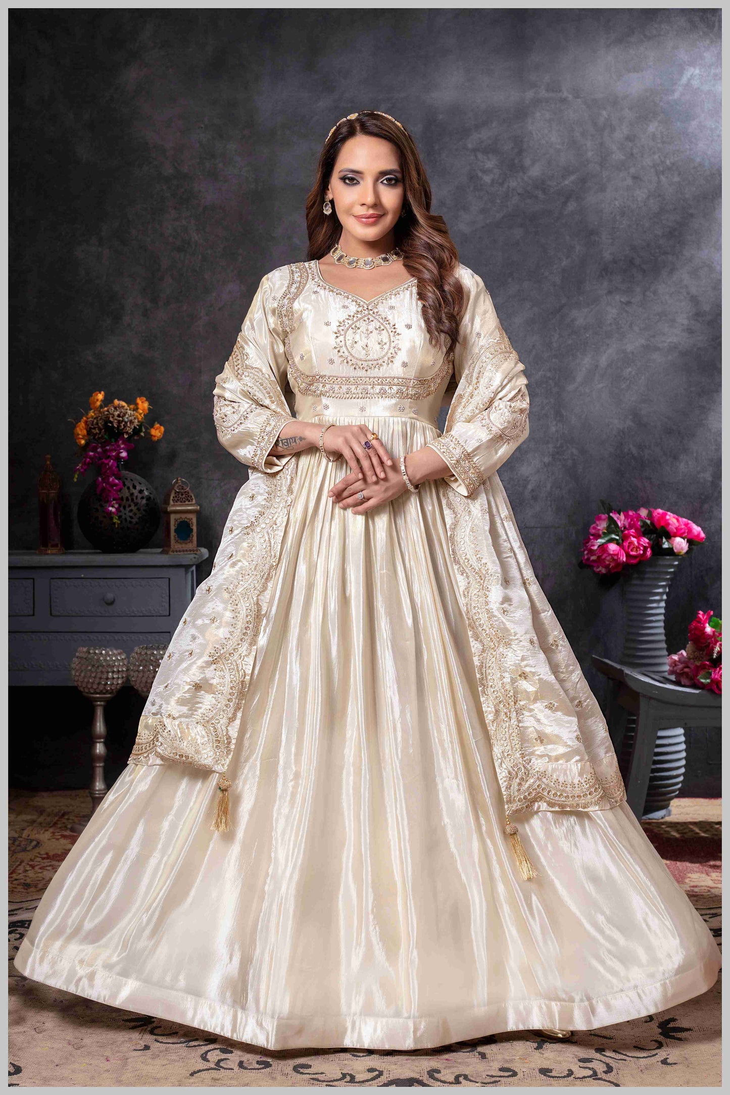 Off White Gown with Zari and Dupatta