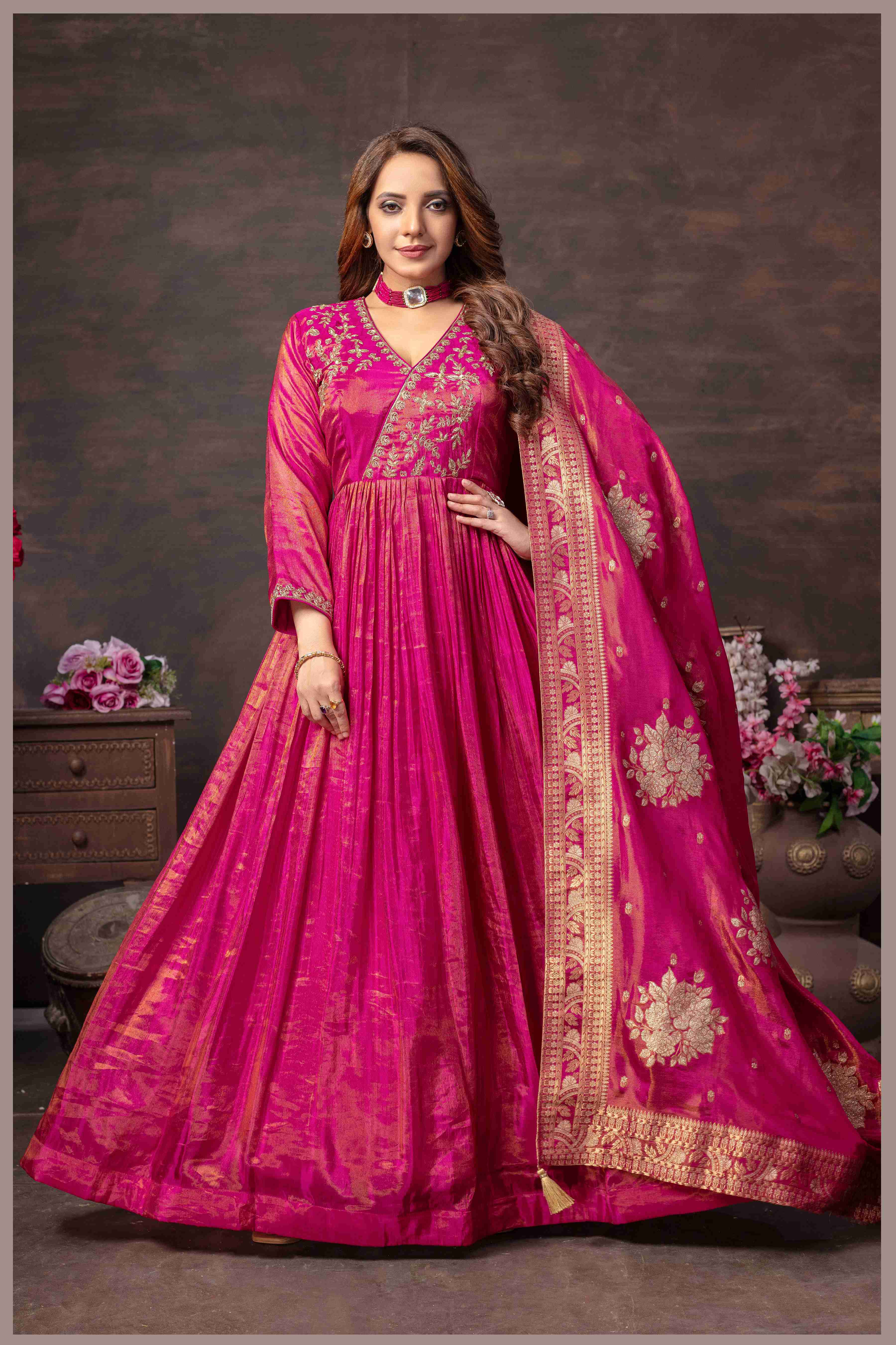 Rani Pink Tissue Silk Anarkali Gown with Banarasi Dupatta