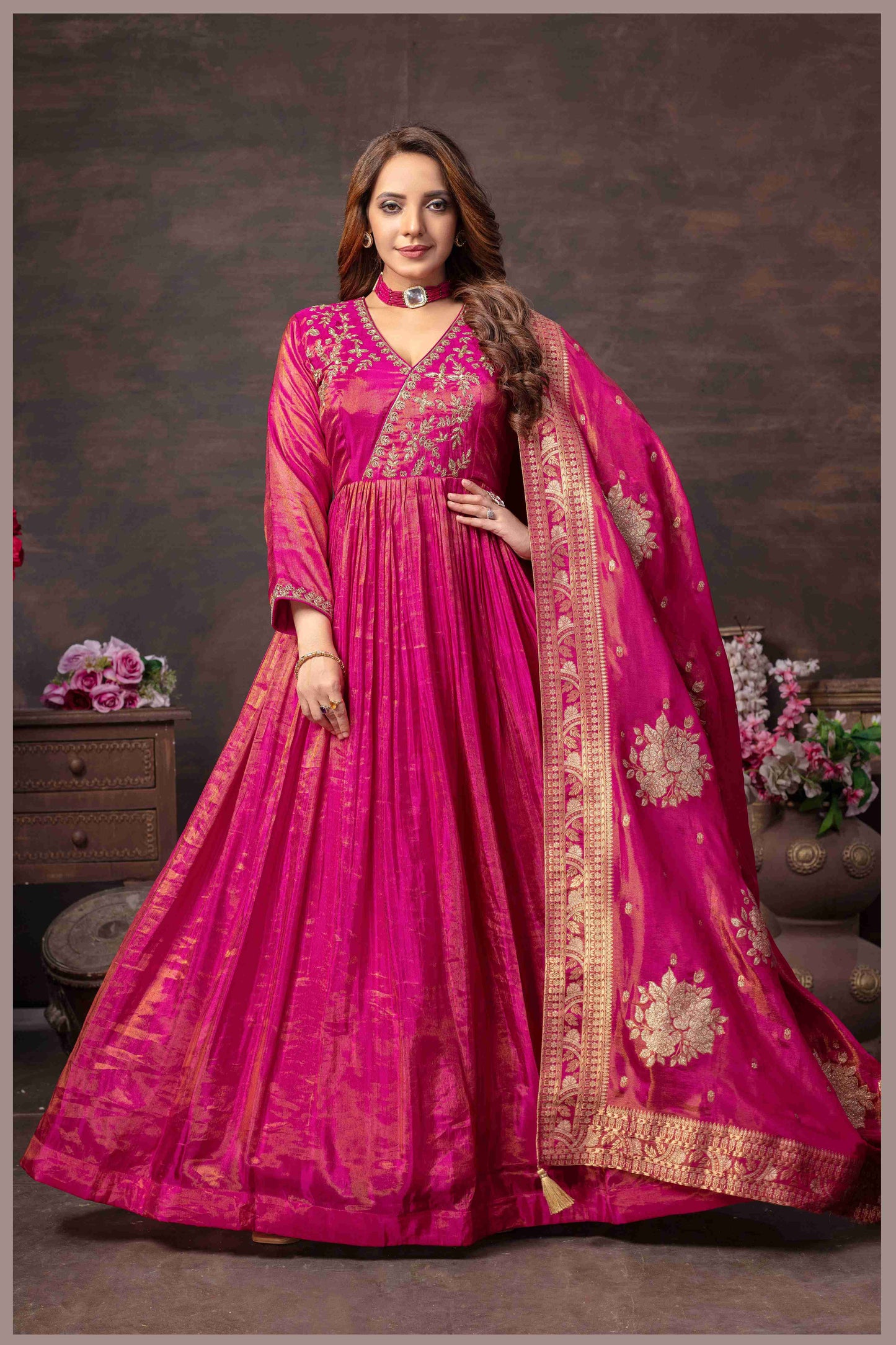 Rani Pink Tissue Silk Anarkali Gown with Banarasi Dupatta
