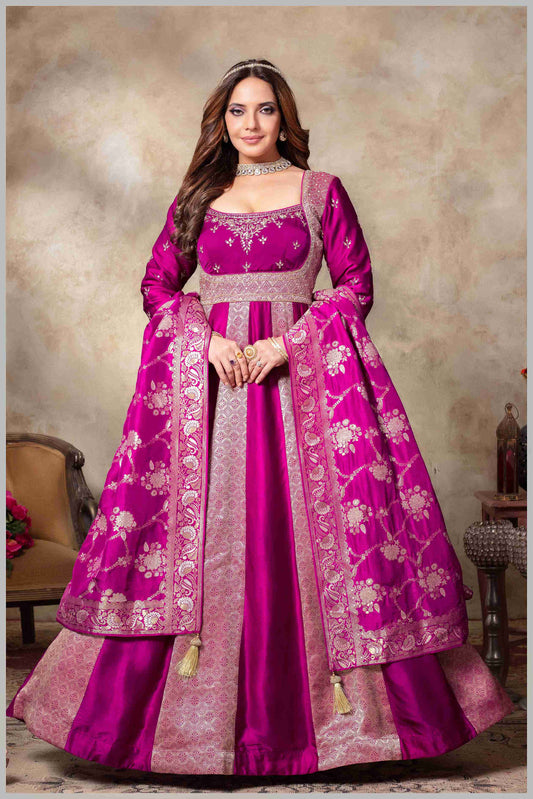Magenta & Beige Striped Gown with Embroidered Dupatta