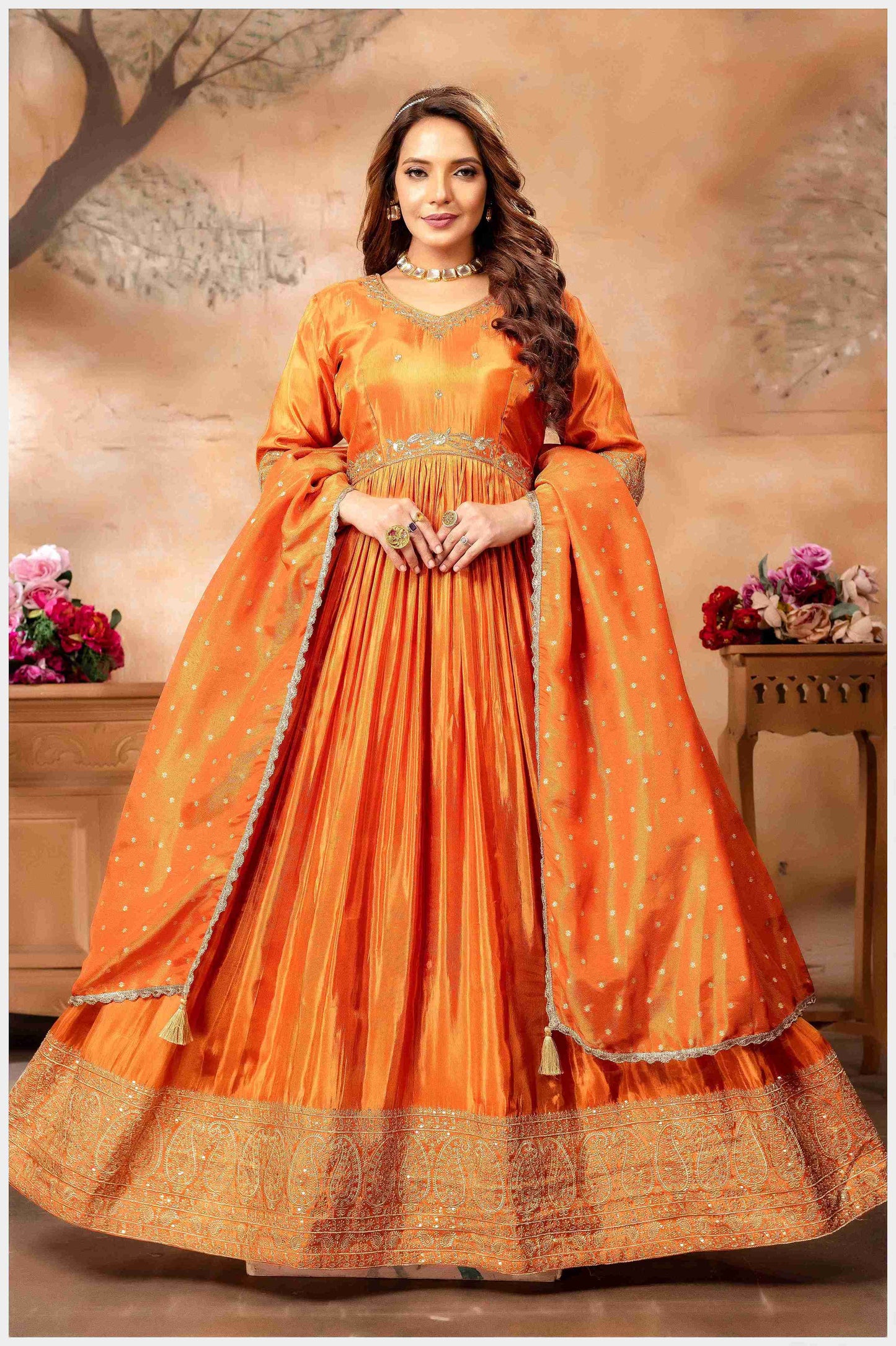 Rust Silk Anarkali Gown with Intricate Embroidery