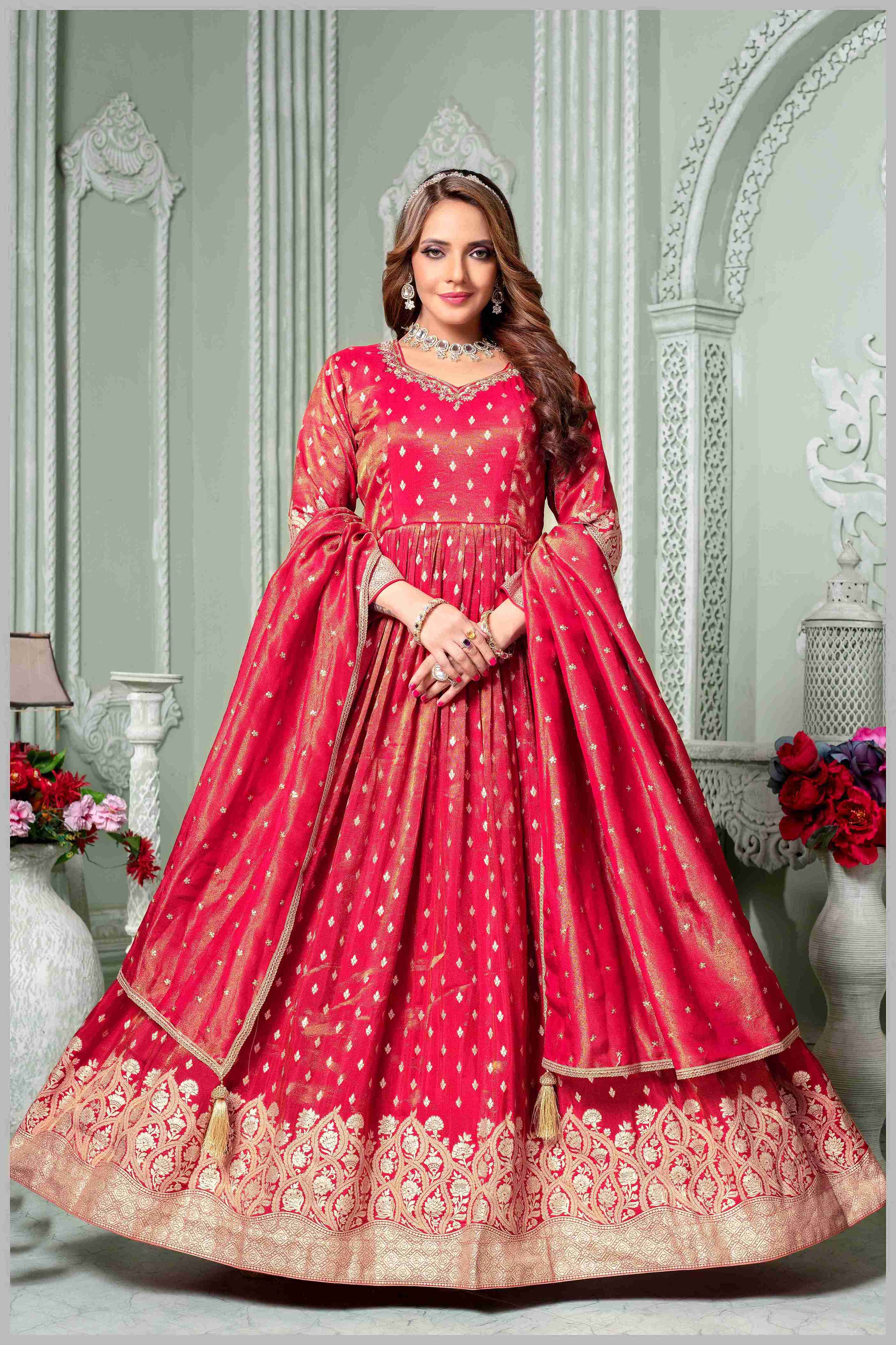 Radiate Grace in This Timeless Red Tissue Silk Anarkali Gown