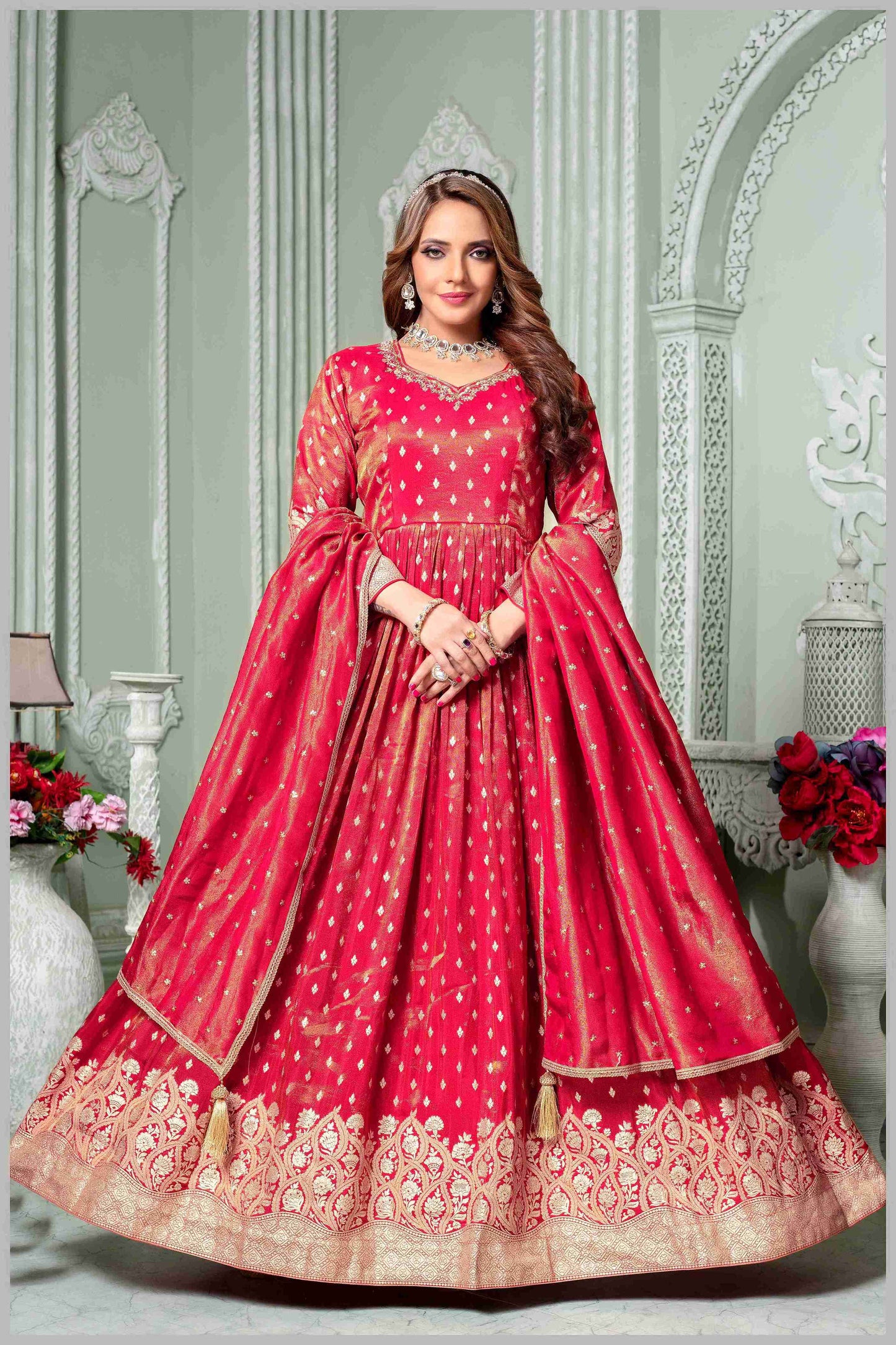 Radiate Grace in This Timeless Red Tissue Silk Anarkali Gown
