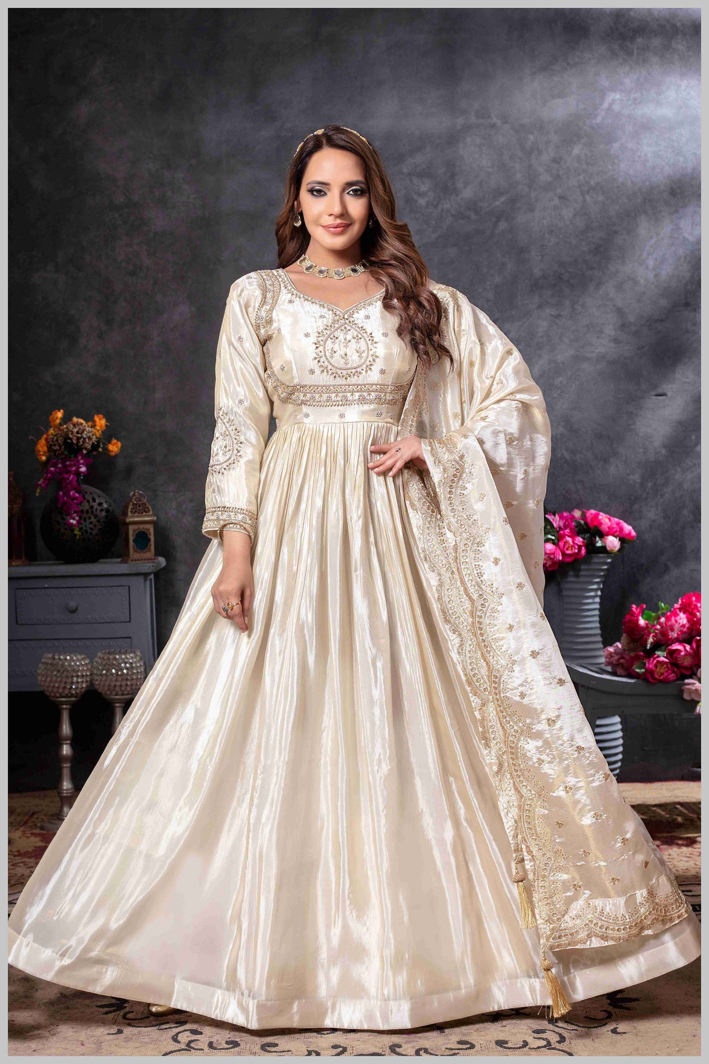 Off White Gown with Zari and Dupatta