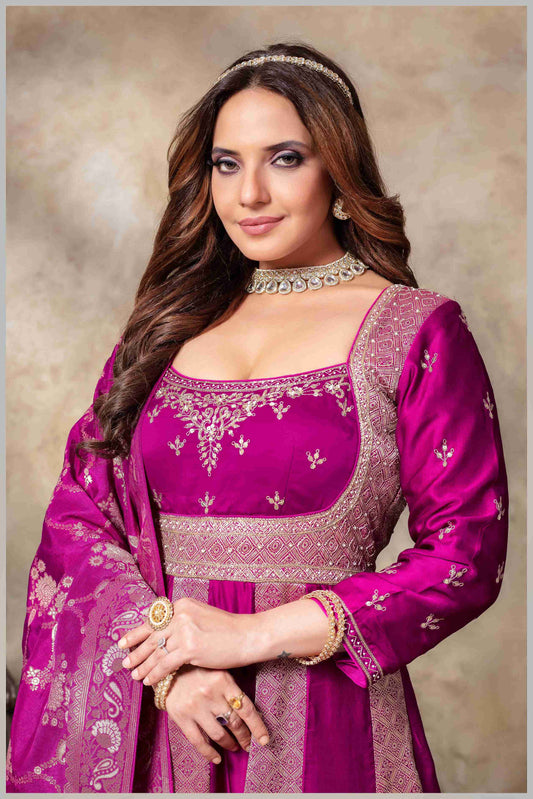 Magenta & Beige Striped Gown with Embroidered Dupatta