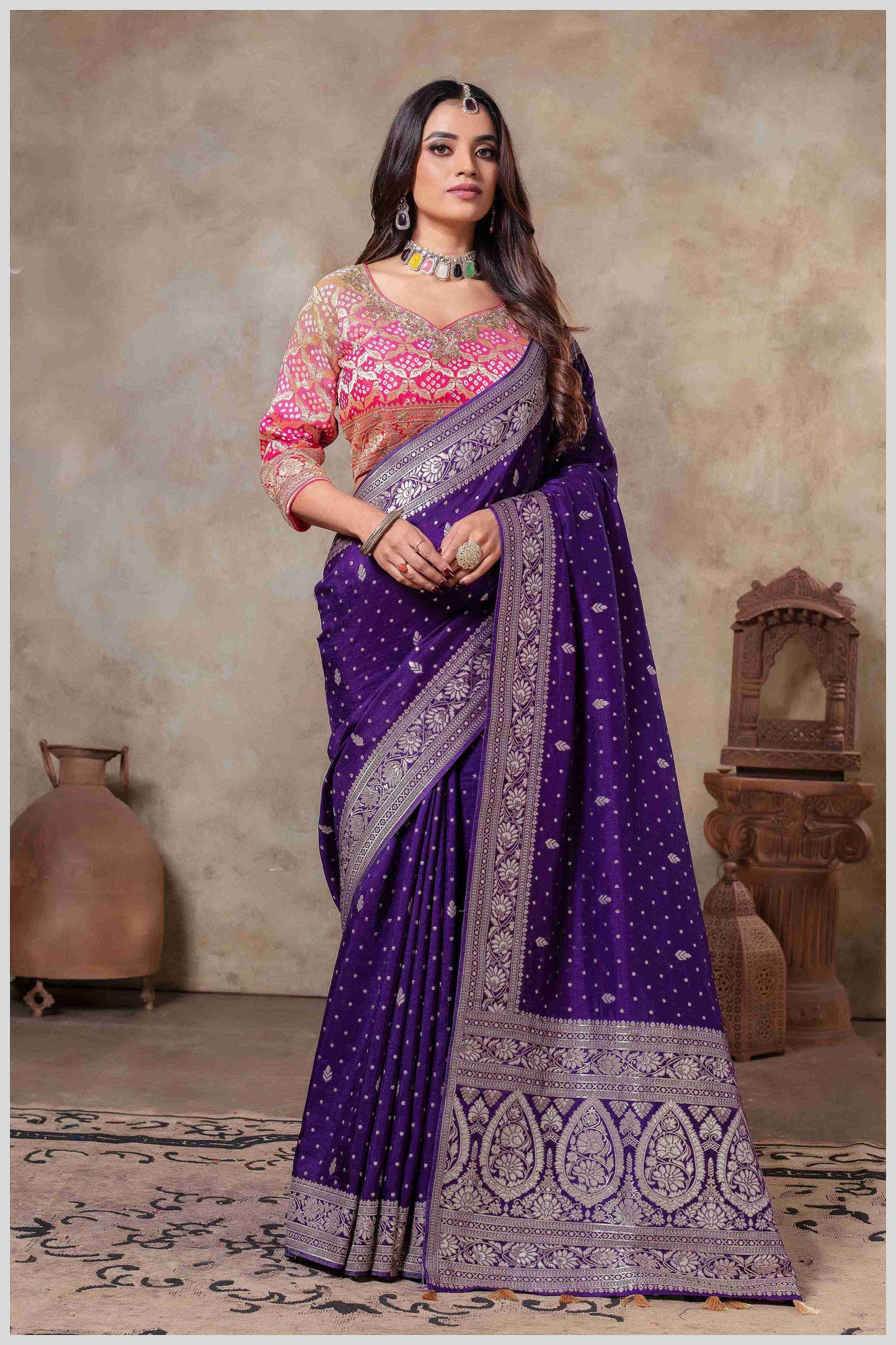 Royal Radiance: Royal Purple Banarasi Saree with Silver Zari Detailing