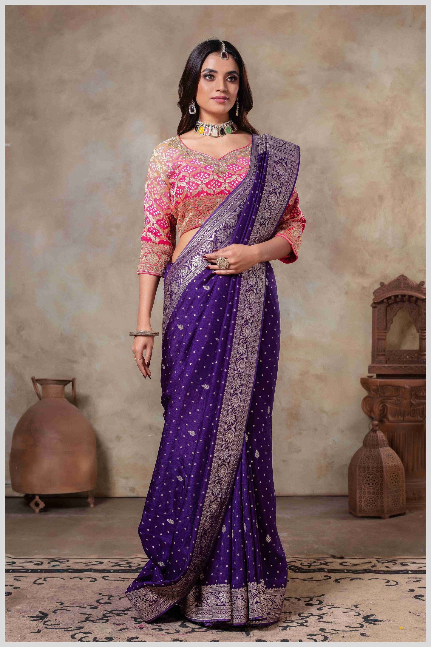 Royal Radiance: Royal Purple Banarasi Saree with Silver Zari Detailing