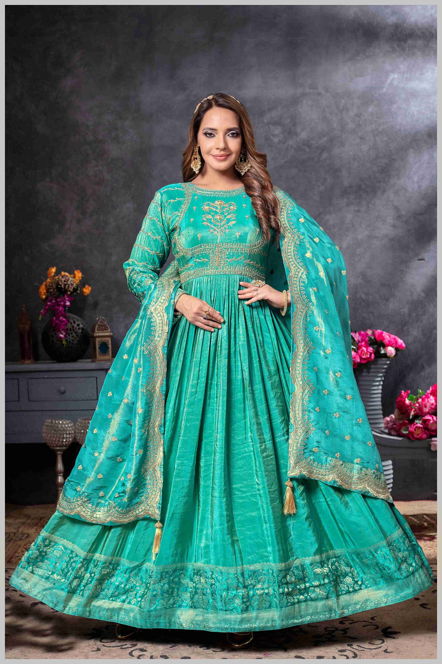 Turquoise Blue Anarkali Gown with Zari Embroidered Dupatta