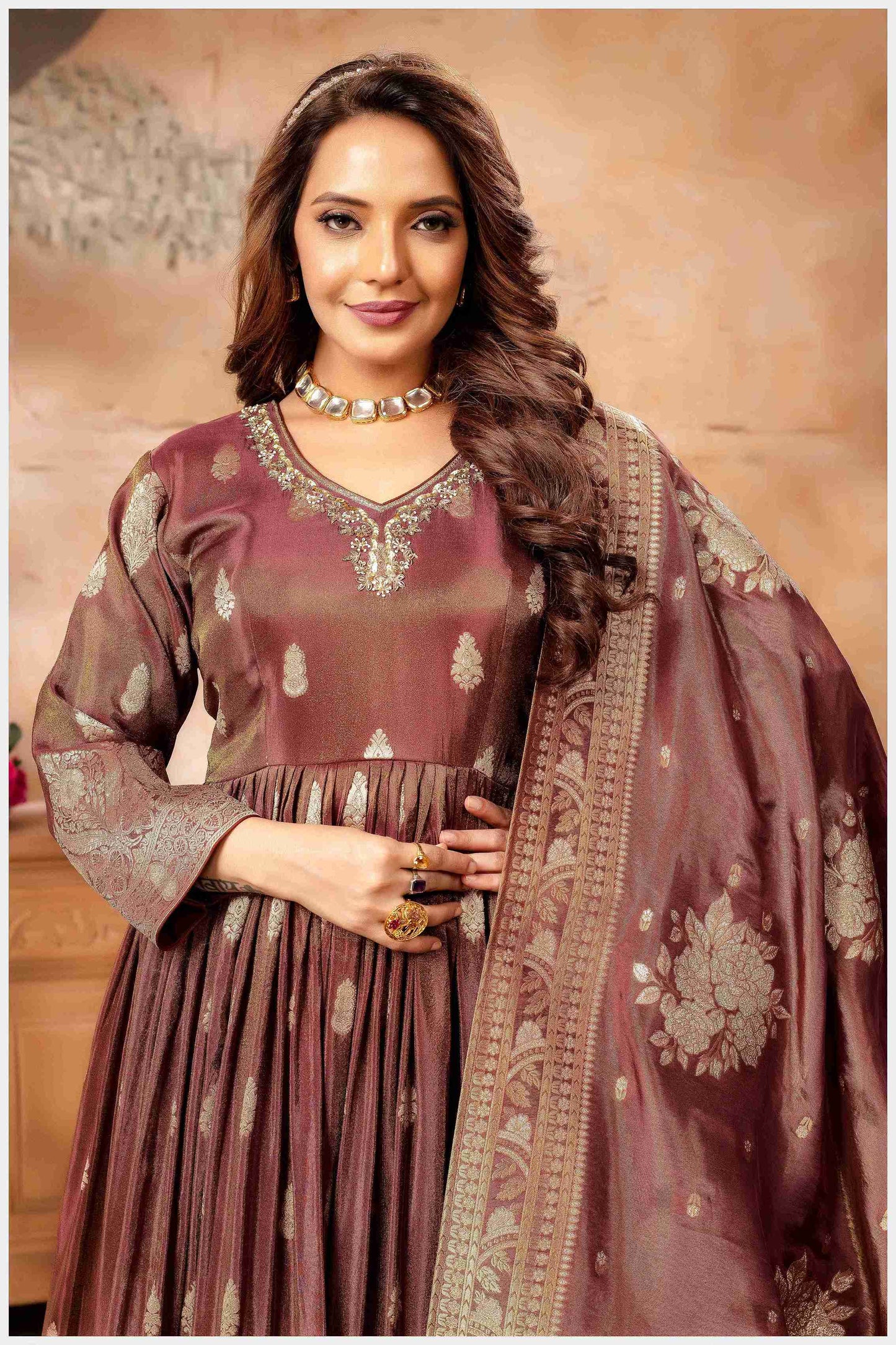 Brown Silk Anarkali Gown with Zari Weaving