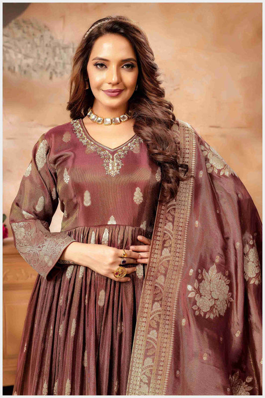 Brown Silk Anarkali Gown with Zari Weaving