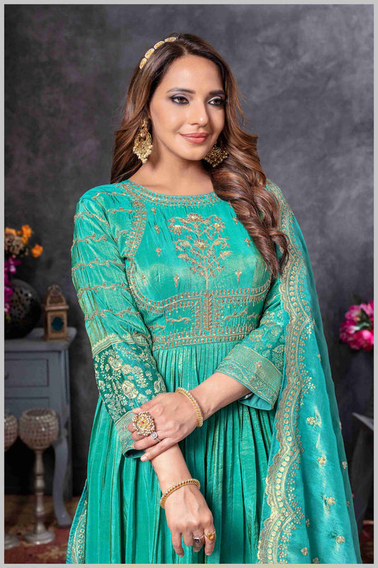Turquoise Blue Anarkali Gown with Zari Embroidered Dupatta