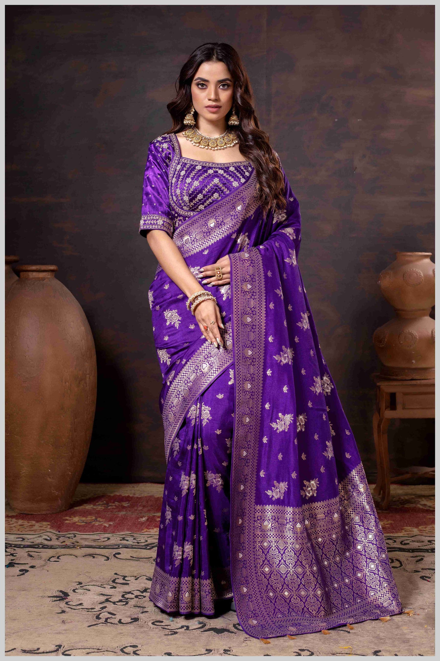 Regal Royal Purple Zari Woven Silk Saree with Stitched Designer Blouse.