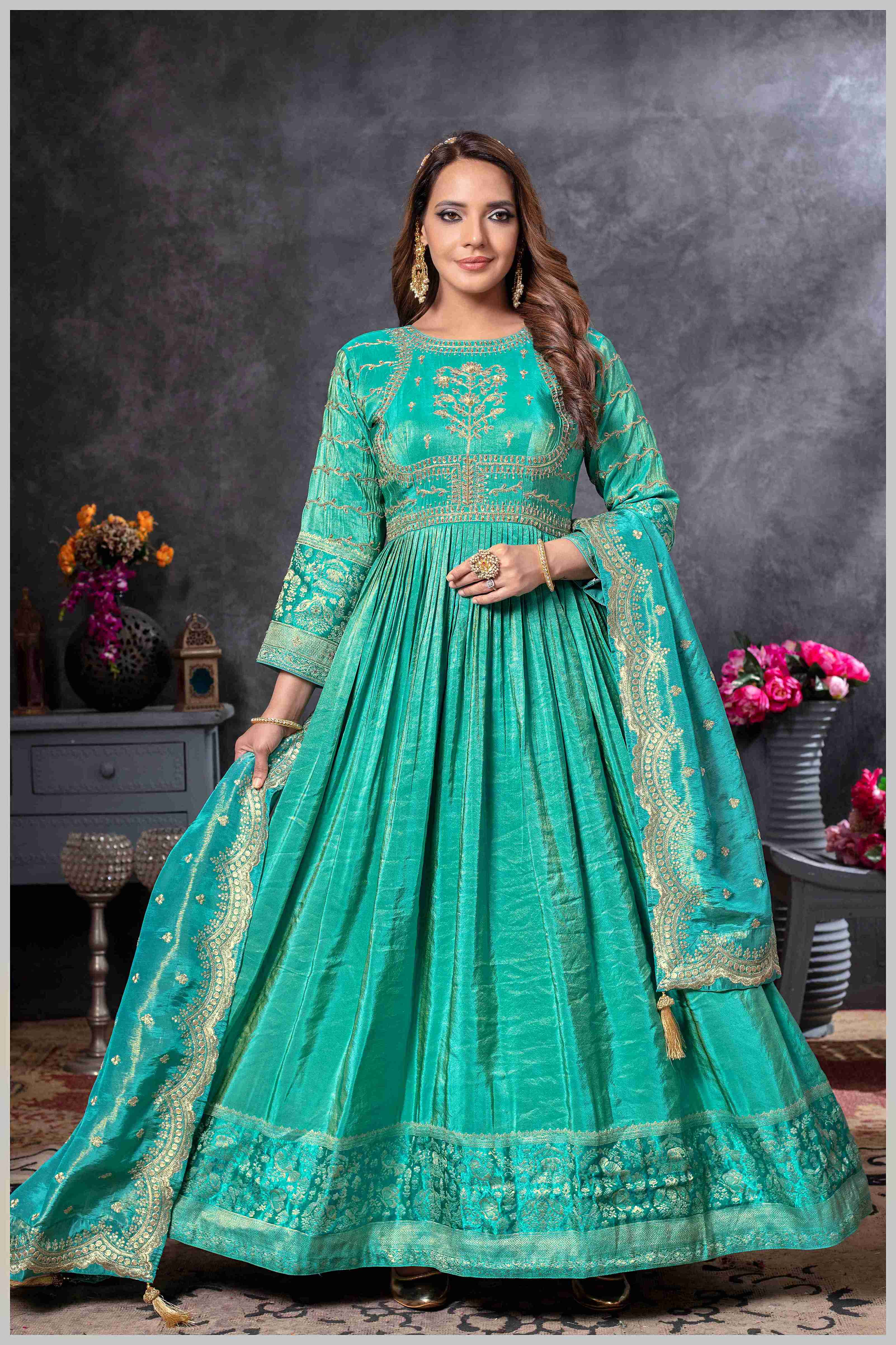 Turquoise Blue Anarkali Gown with Zari Embroidered Dupatta