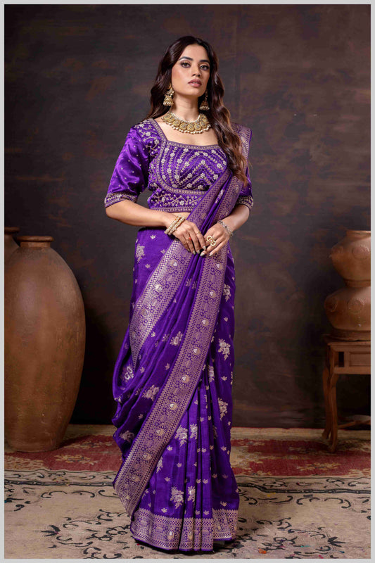 Regal Royal Purple Zari Woven Silk Saree with Stitched Designer Blouse.