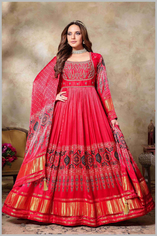 Majestic Red Anarkali Gown with Traditional Detailing