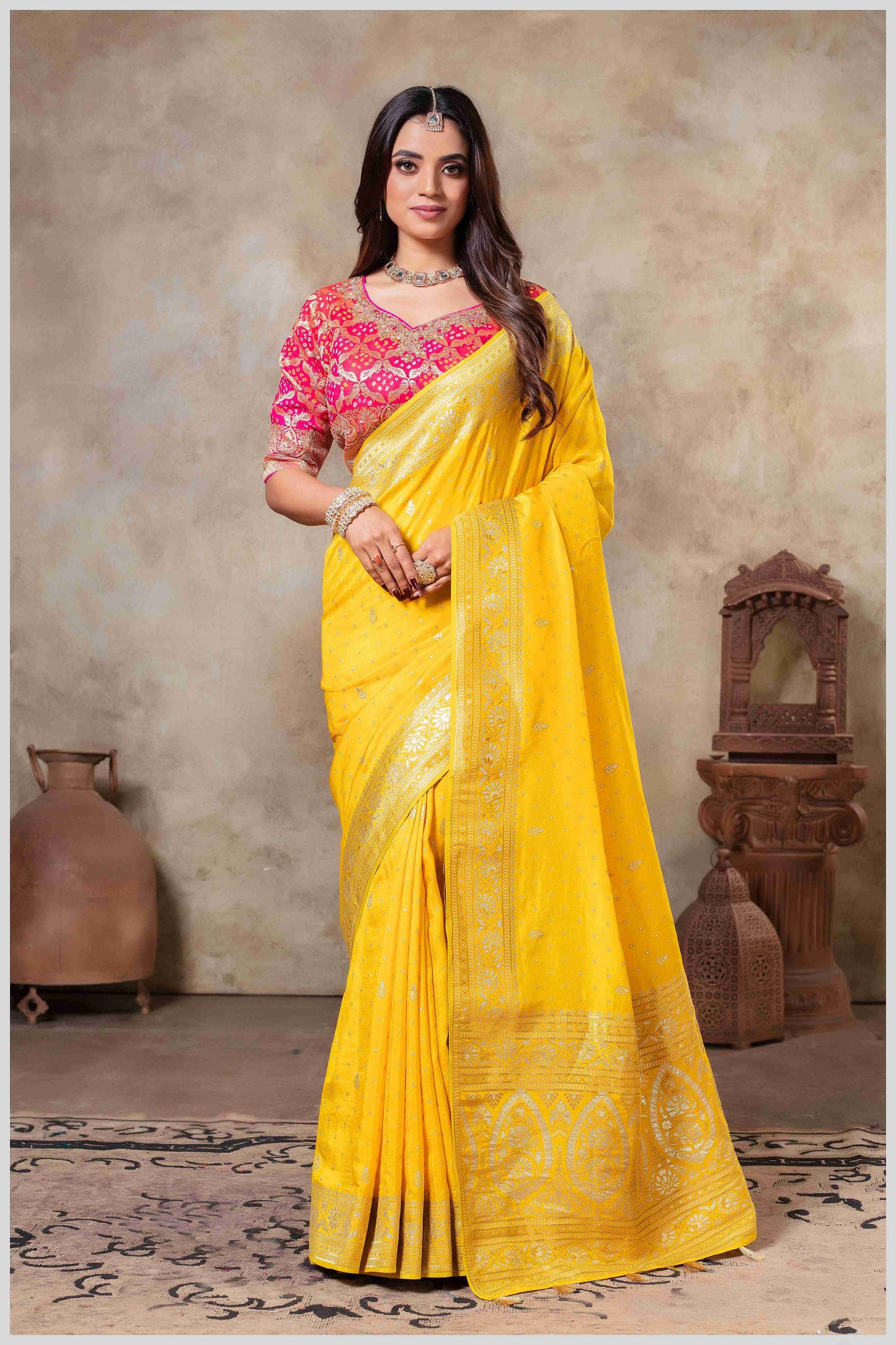 Royal Radiance: Mustard Banarasi Saree & Pink Blouse with Silver Zari Detailing