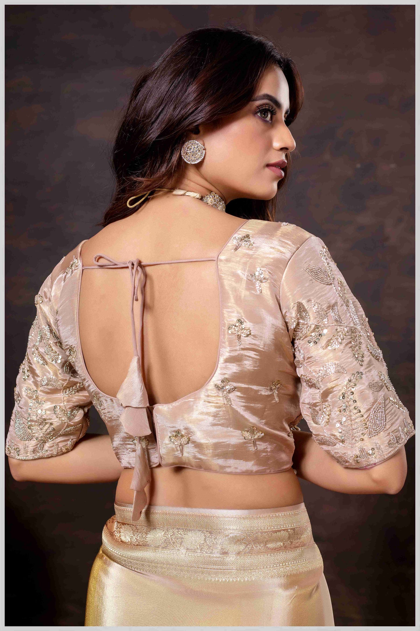 Elegant Beige Designer Tissue Saree with Embellished Blouse