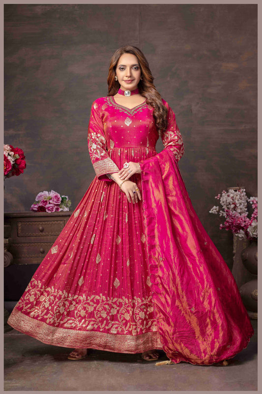 Pink Anarkali with Zari Floral Dupatta