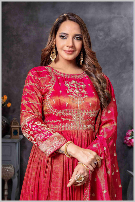 Pink Anarkali Gown with Zari Embroidered Dupatta
