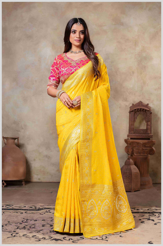 Royal Radiance: Mustard Banarasi Saree & Pink Blouse with Silver Zari Detailing