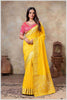 Royal Radiance: Mustard Banarasi Saree & Pink Blouse with Silver Zari Detailing